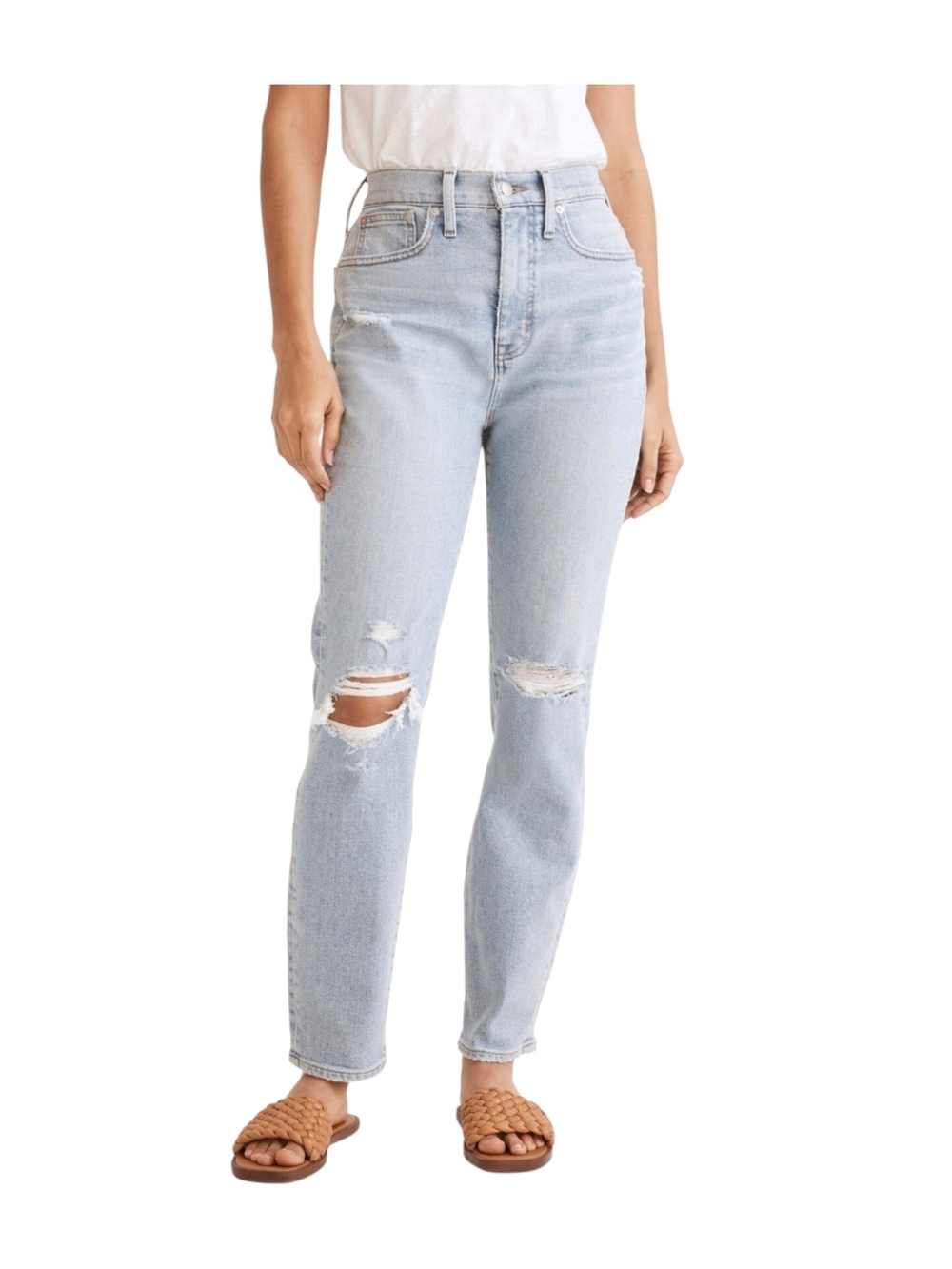 Madewell Perfect Vintage Straight Jeans Light Wash Distressed Knee Size 27